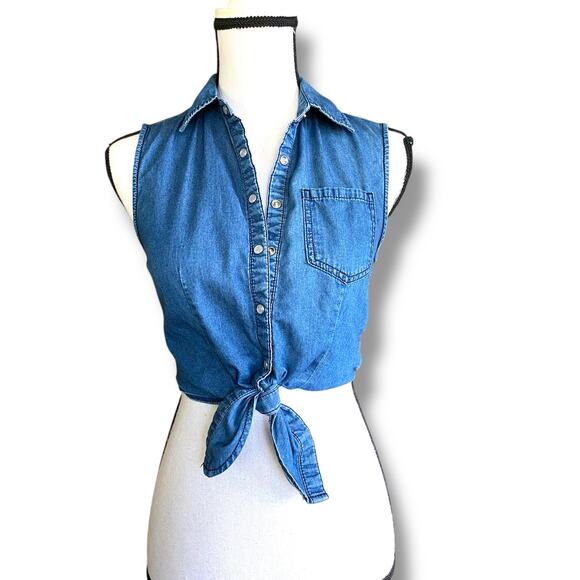 VNTG Forever 21 Sleeveless Cropped Tie Front Chambray Shirt Sz XS Pearl Snap - Picture 1 of 9